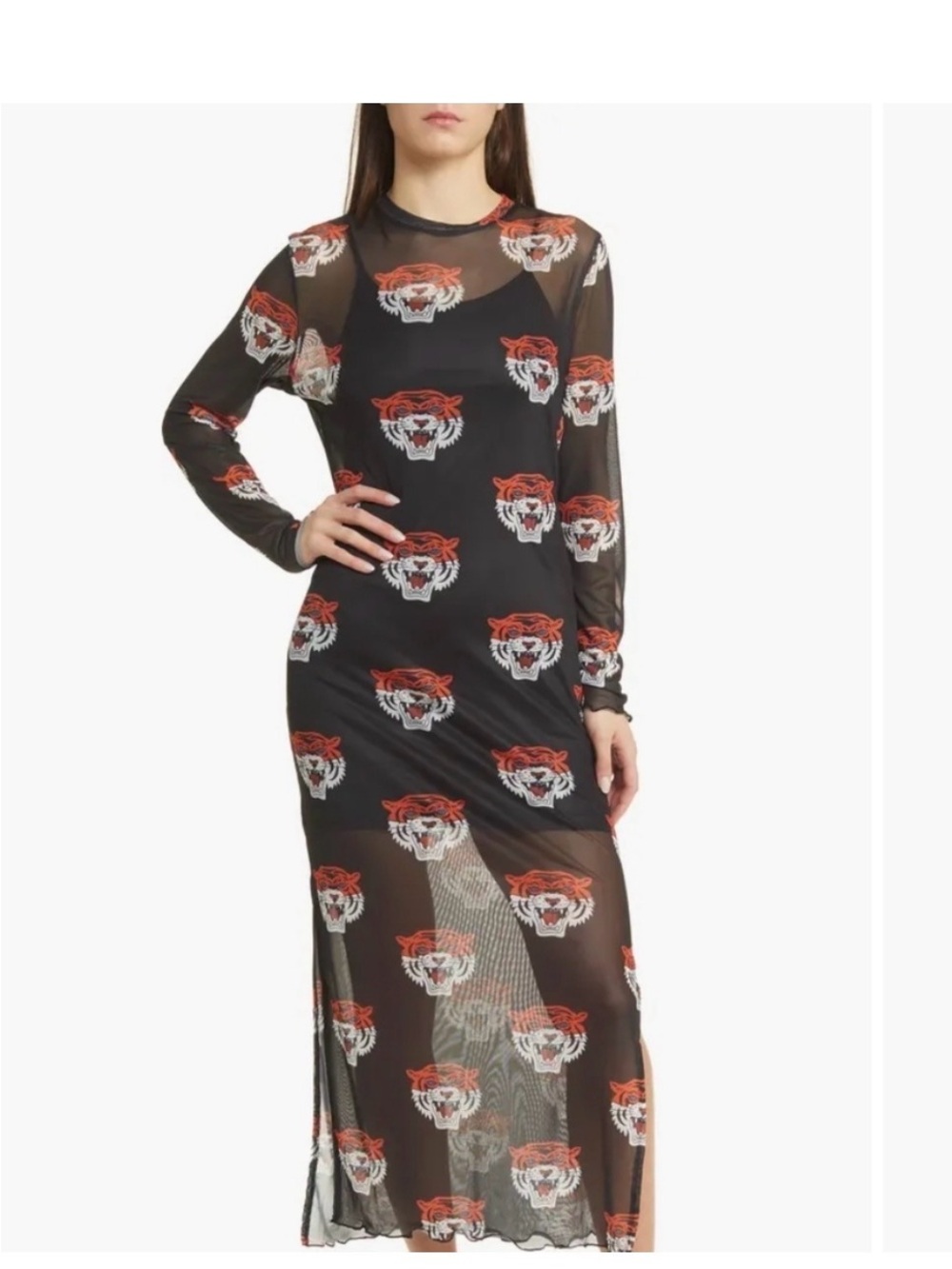 Dressed in LALA Black Mesh Long-Sleeve Tiger-Print Maxi Dress